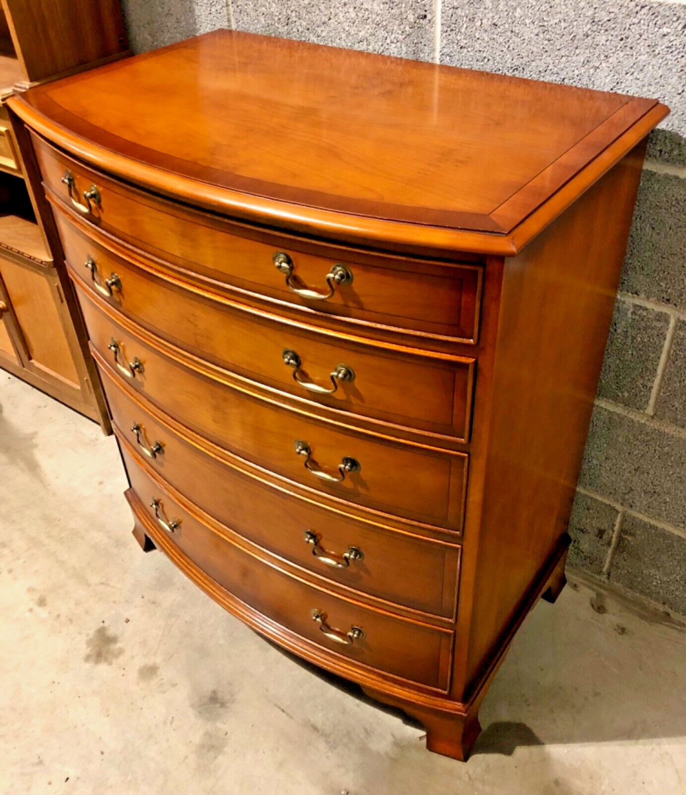 000869.....Handsome Vintage Yew Bow Front Chest Of Drawers ( sold )