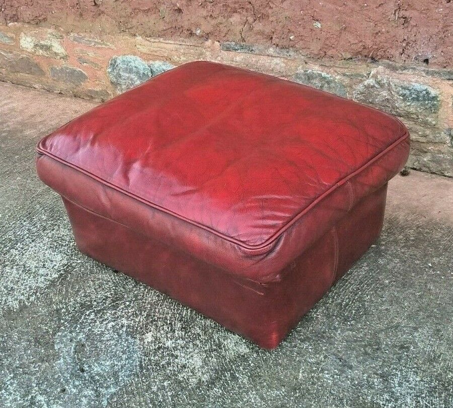 Vintage Leather Footstool / Oxblood Leather Pouffe