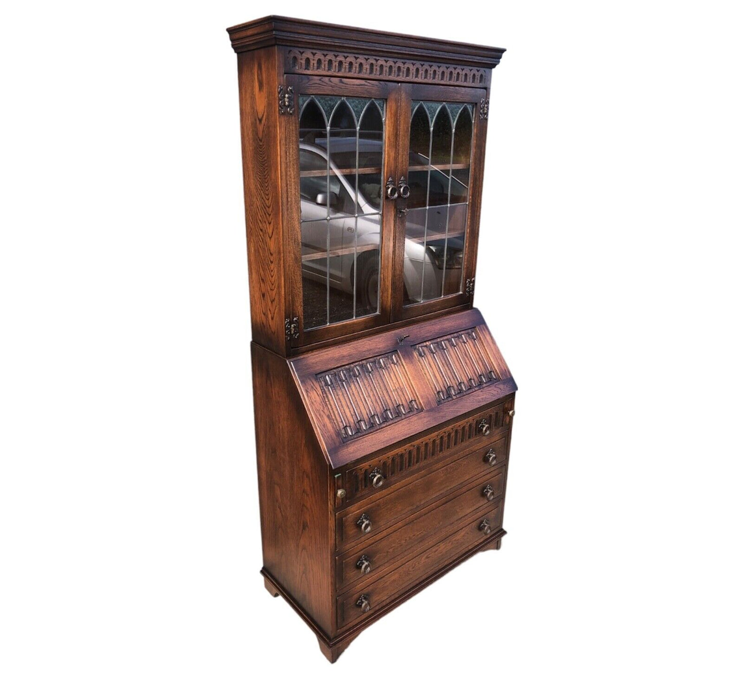 000906....Handsome Vintage Carved Oak Bureau Bookcase ( sold )