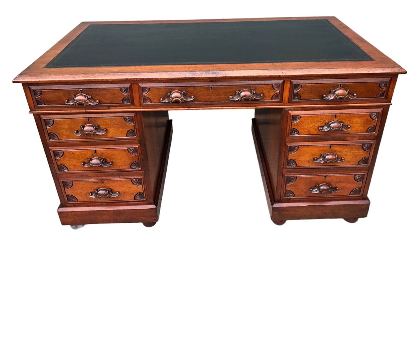 000904....Handsome Antique Carved Mahogany Pedestal Desk ( sold )