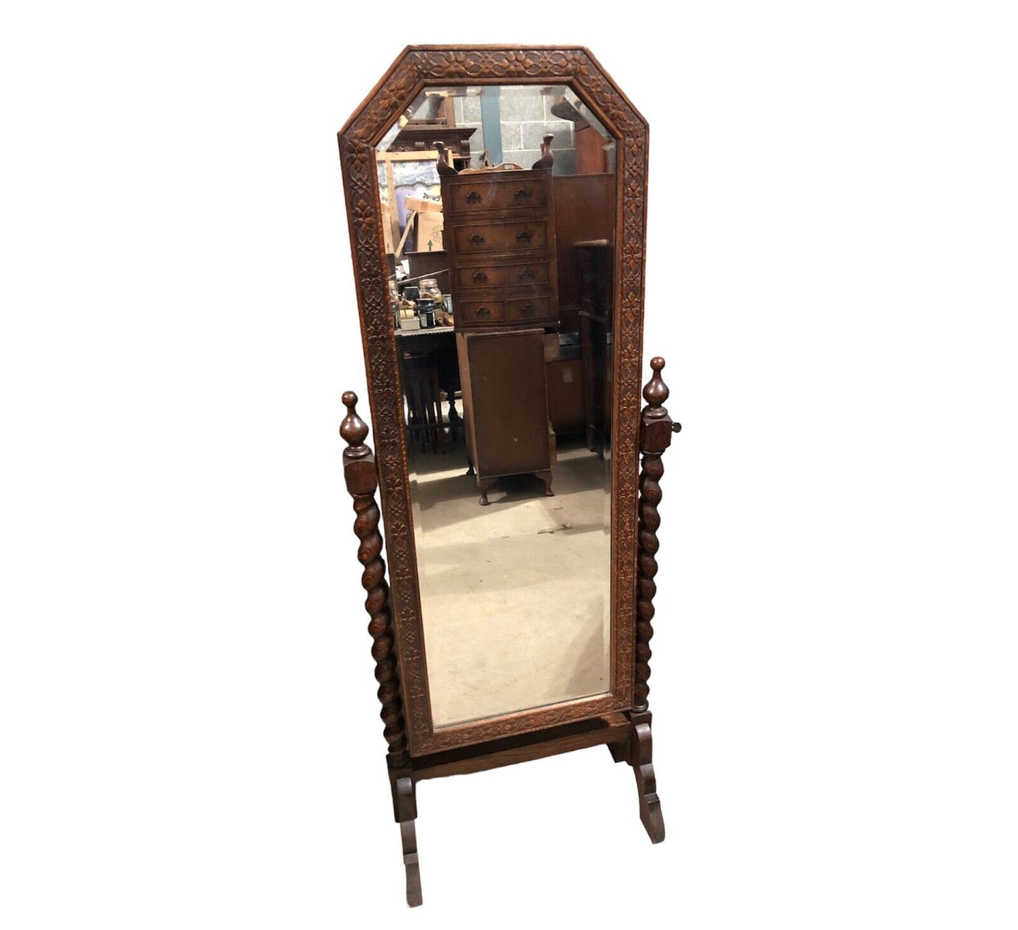 000889...Handsome Vintage Carved Oak Cheval Mirror. ( sold )