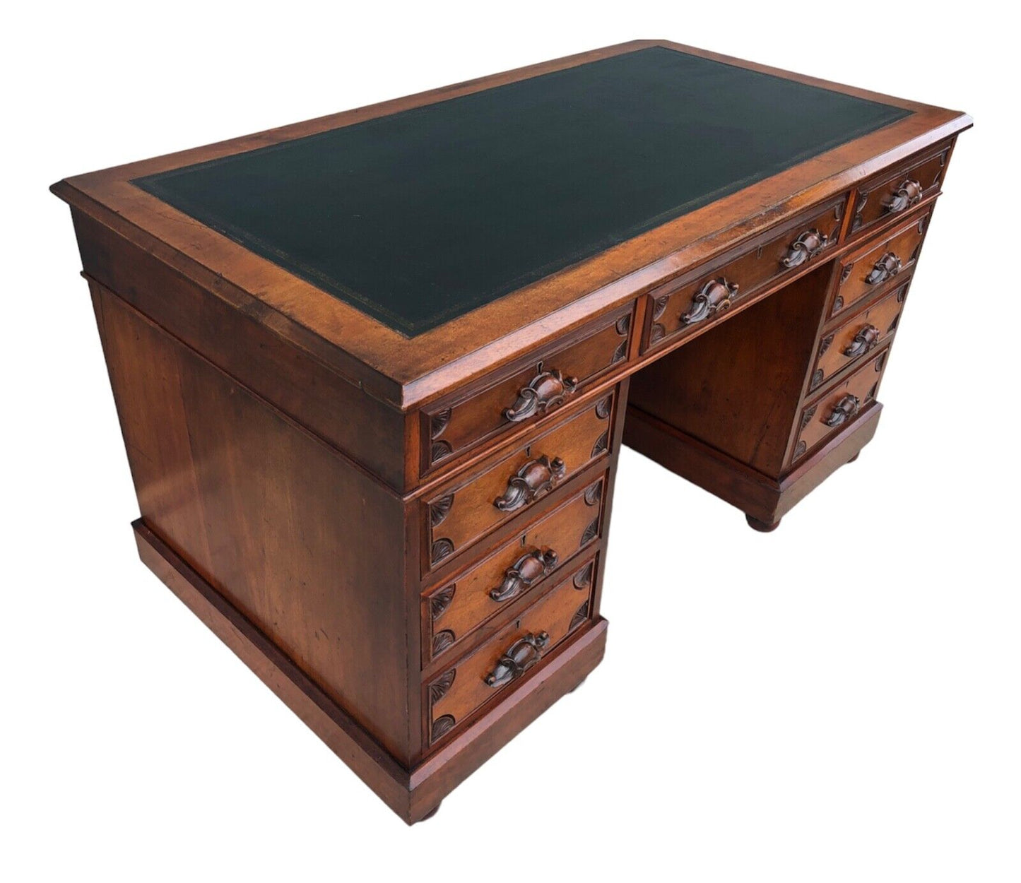 000904....Handsome Antique Carved Mahogany Pedestal Desk ( sold )