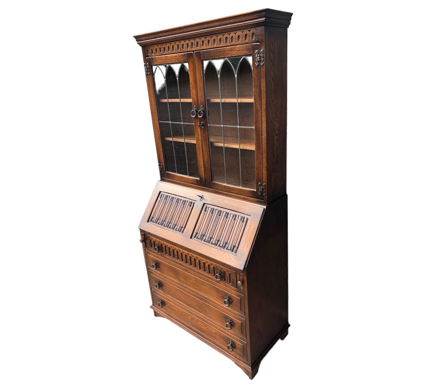 000906....Handsome Vintage Carved Oak Bureau Bookcase ( sold )