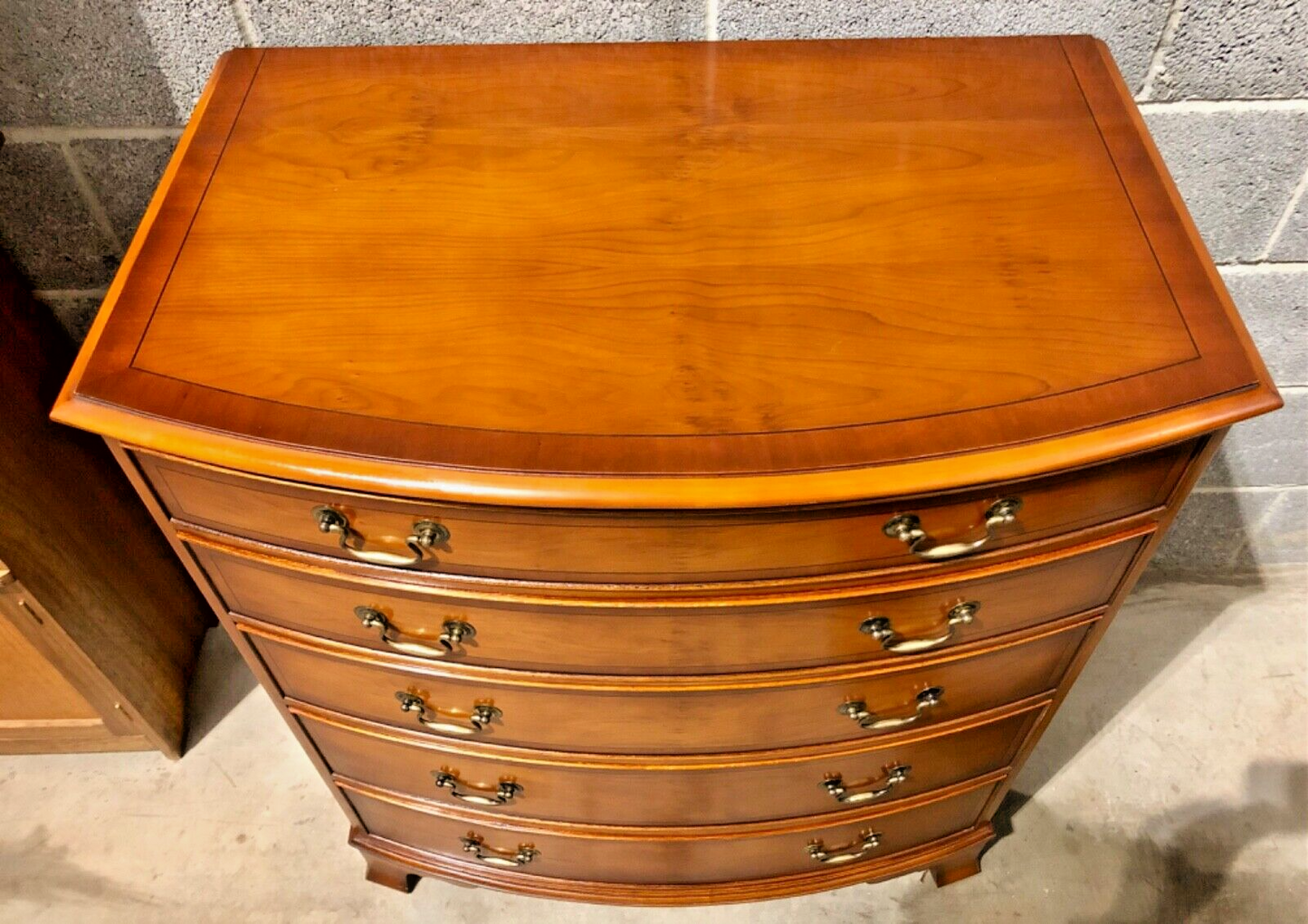 000869.....Handsome Vintage Yew Bow Front Chest Of Drawers ( sold )