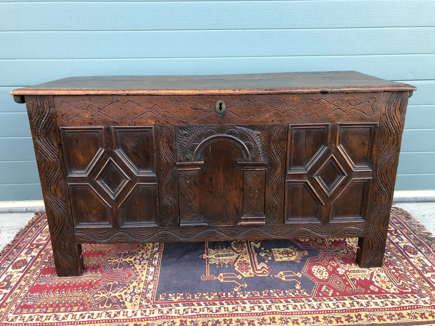 A 17th Century Antique Carved Oak Coffer / Antique Carved Oak Chest ( SOLD )