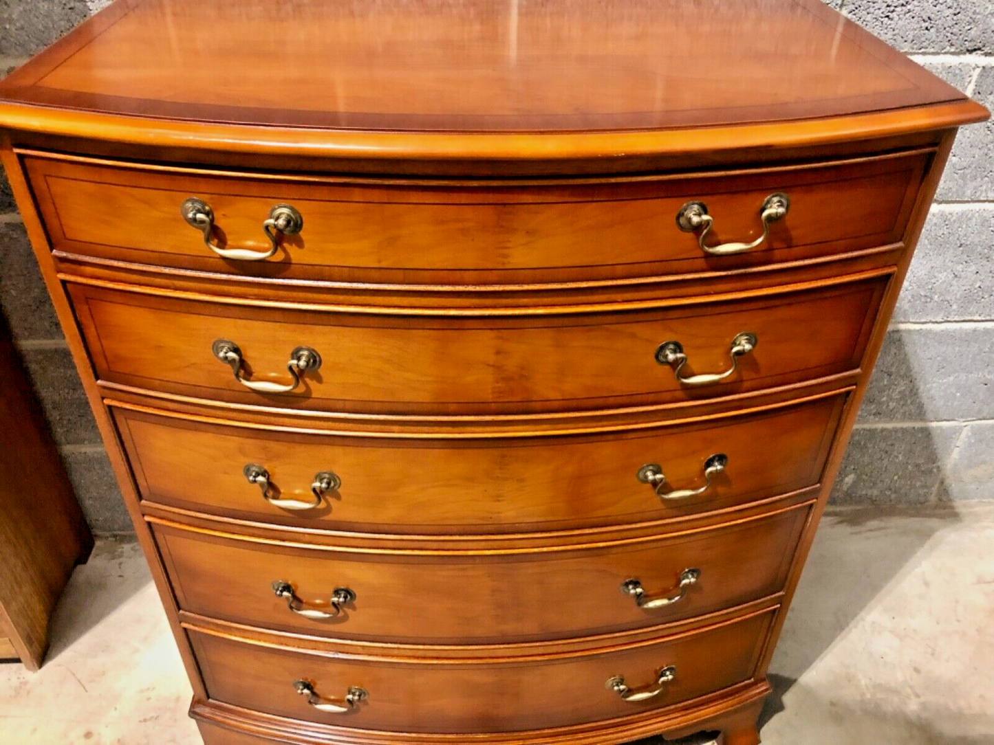 000869.....Handsome Vintage Yew Bow Front Chest Of Drawers ( sold )