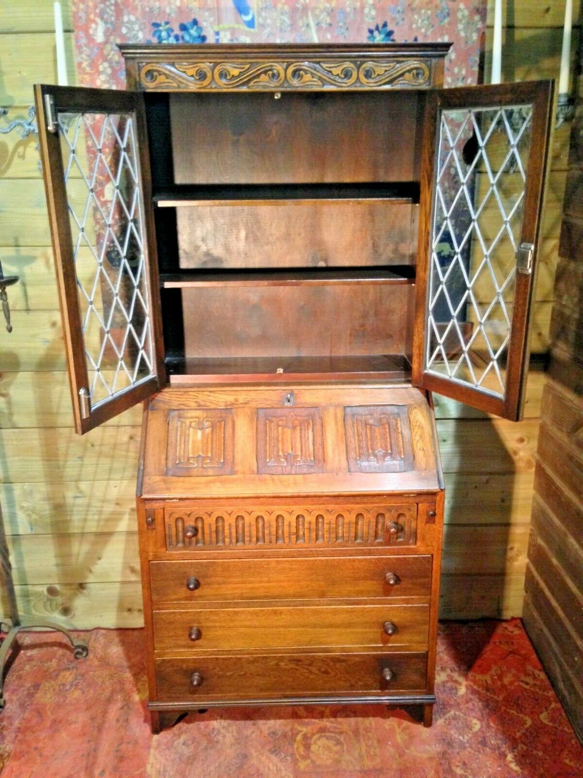 424.....Vintage Oak Bureau Bookcase / Old Charm Style Bureau Bookcase ( SOLD )