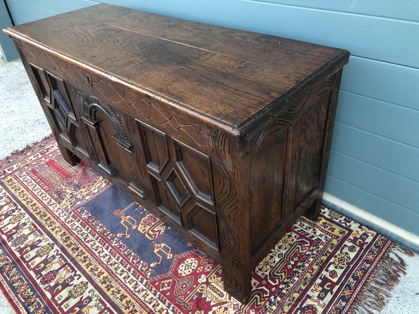 A 17th Century Antique Carved Oak Coffer / Antique Carved Oak Chest ( SOLD )