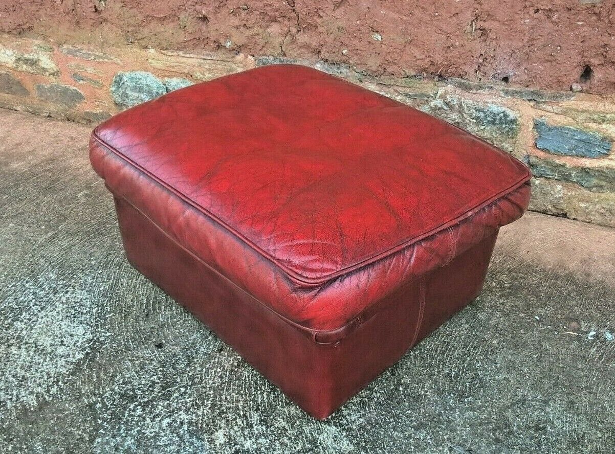 Vintage Leather Footstool / Oxblood Leather Pouffe