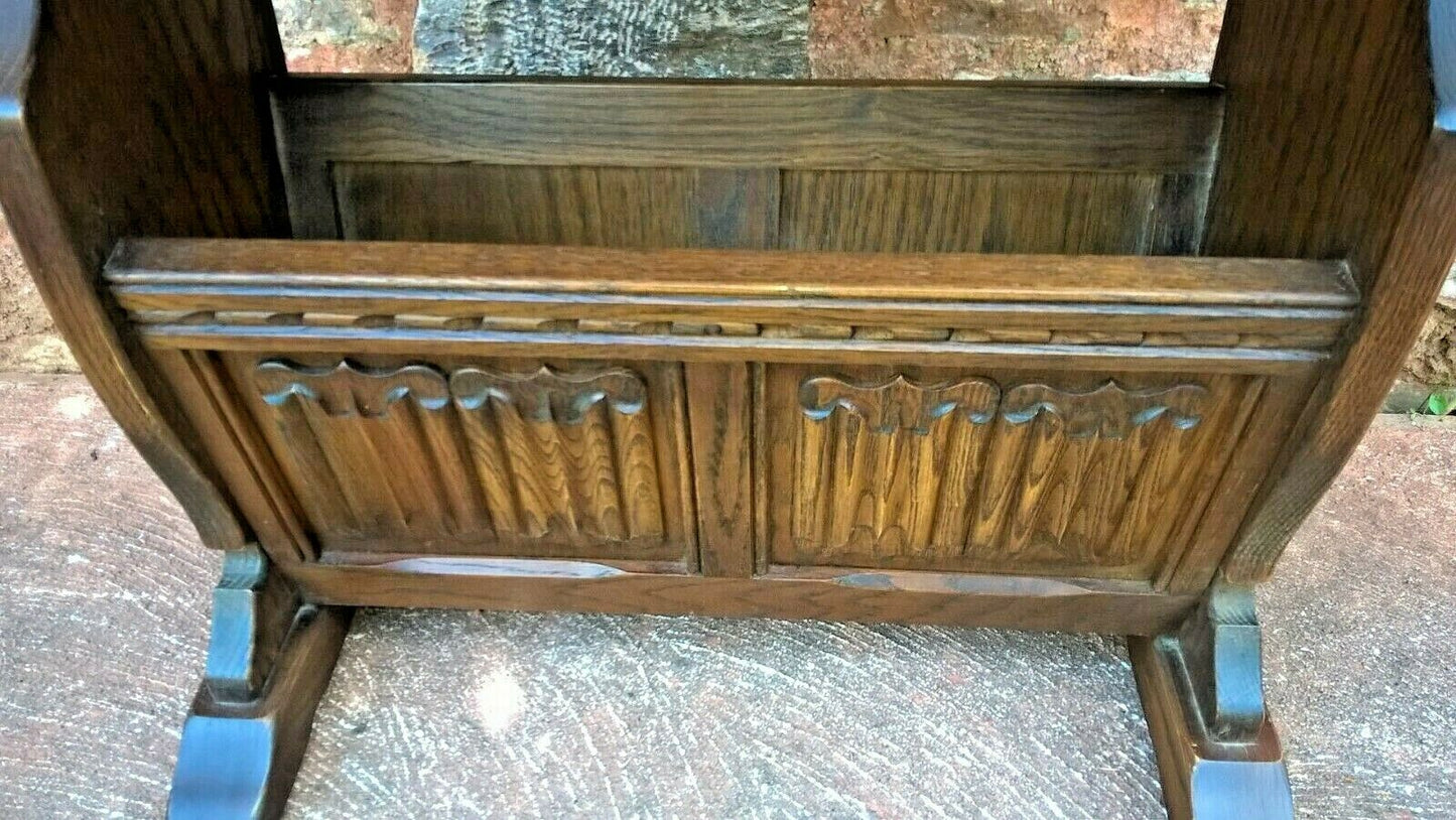 Old Charm Magazine Rack Table / Carved Oak End Table