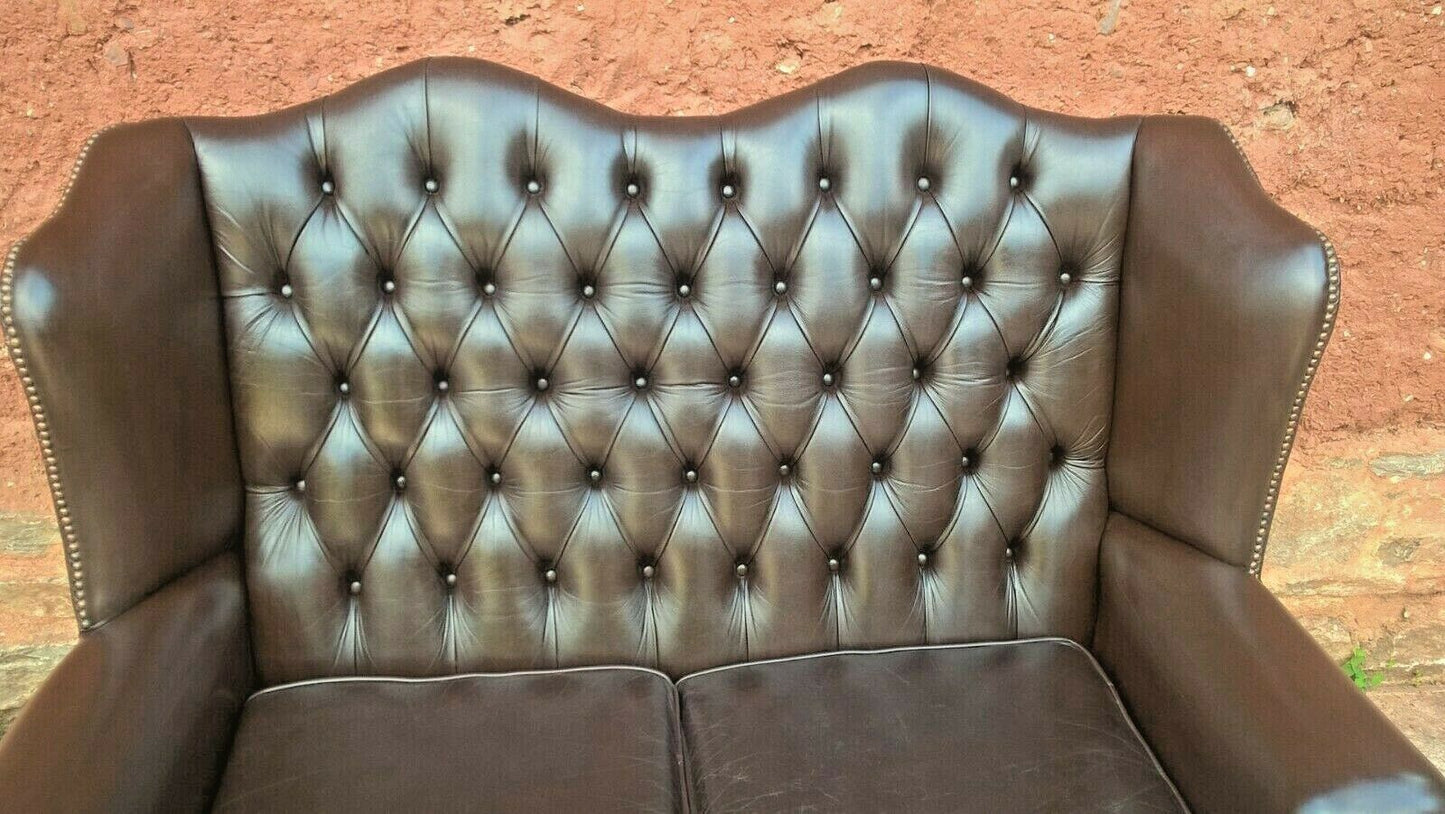 Vintage Queen Anne Style Chesterfield Leather Sofa