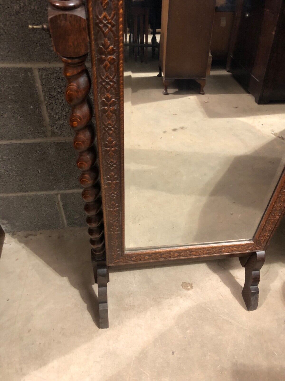 000889...Handsome Vintage Carved Oak Cheval Mirror. ( sold )