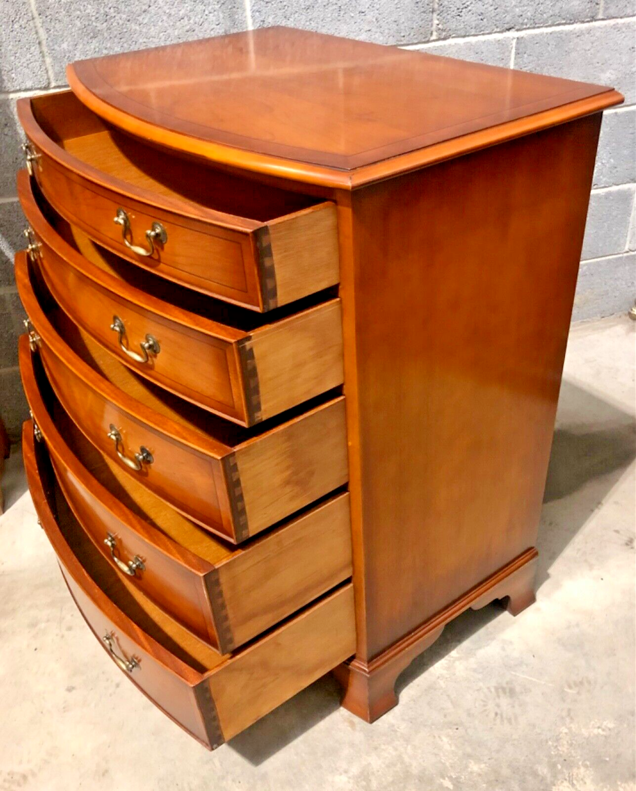 000869.....Handsome Vintage Yew Bow Front Chest Of Drawers ( sold )