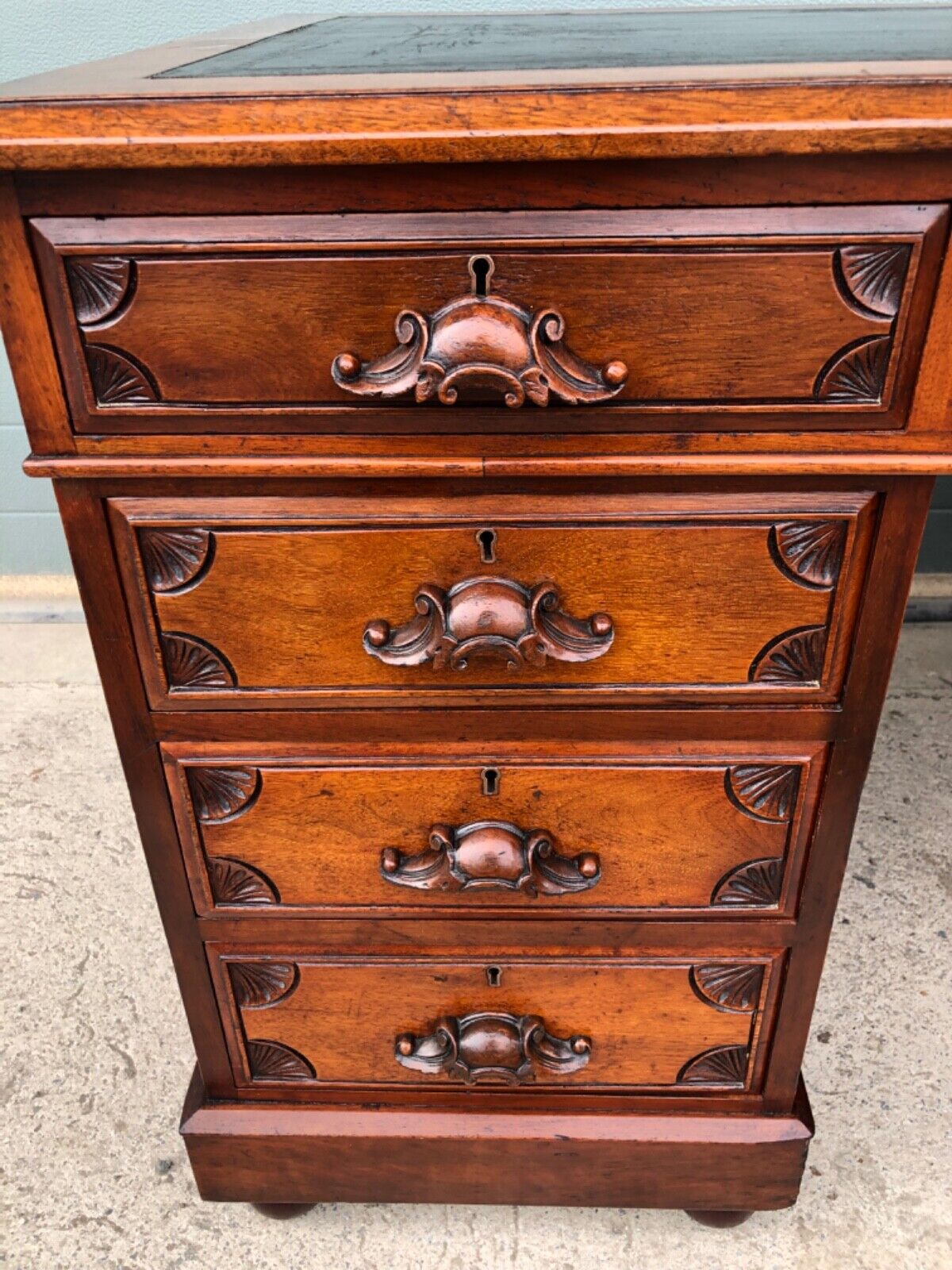 000904....Handsome Antique Carved Mahogany Pedestal Desk ( sold )