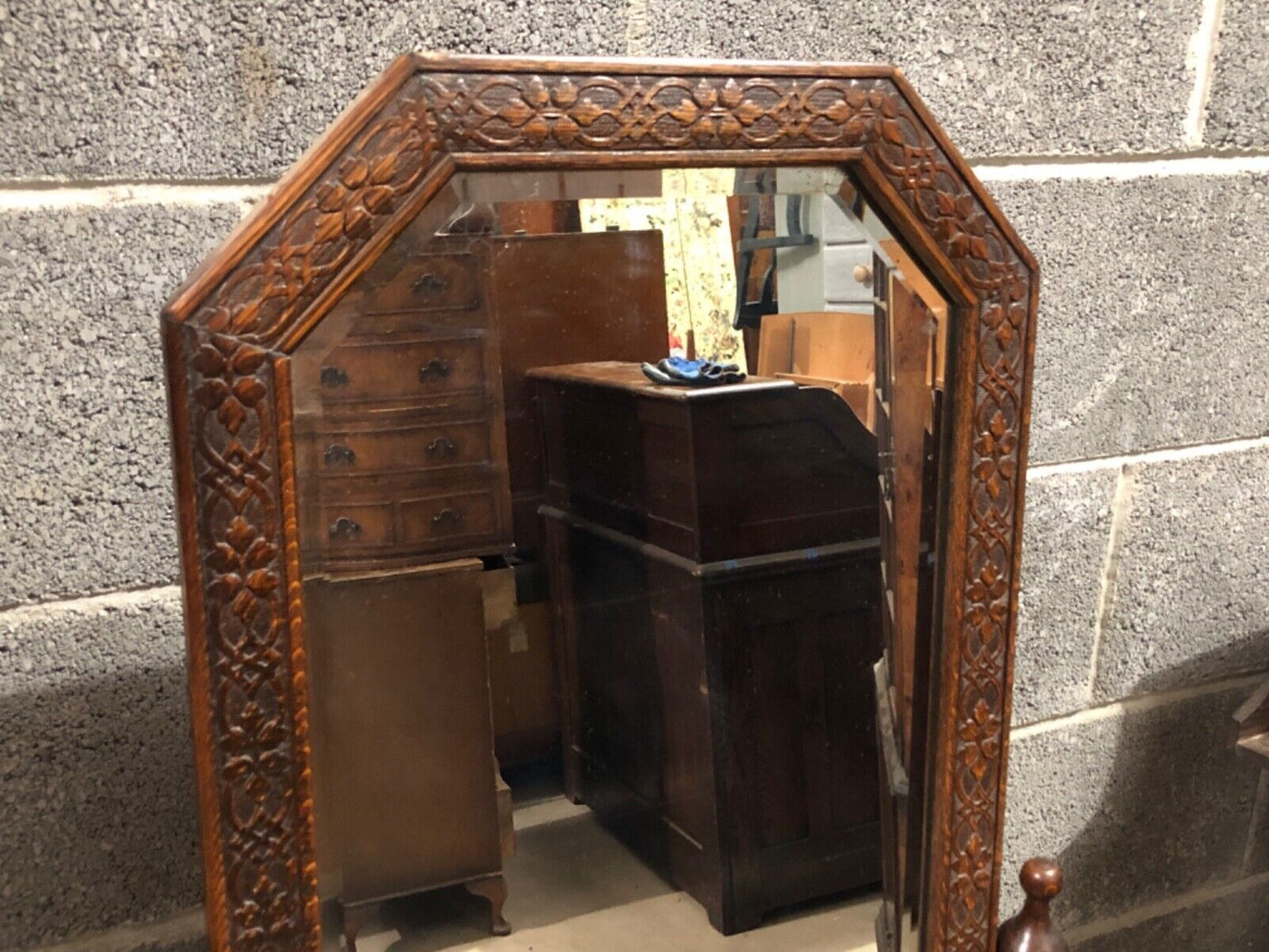 000889...Handsome Vintage Carved Oak Cheval Mirror. ( sold )