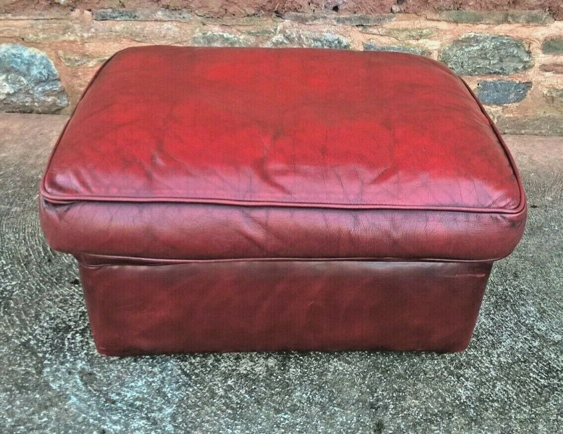 Vintage Leather Footstool / Oxblood Leather Pouffe