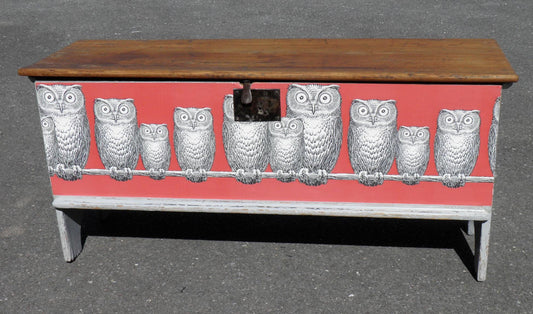 Antique Pine Coffer With Fornasetti Owls Decoration
