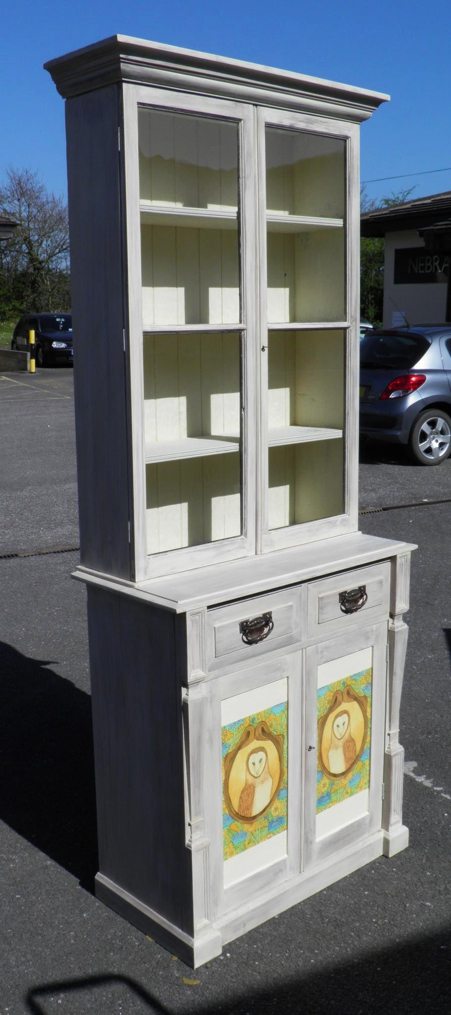 Pine Bookcase, Art Nouveau Style With Owl Decoupage