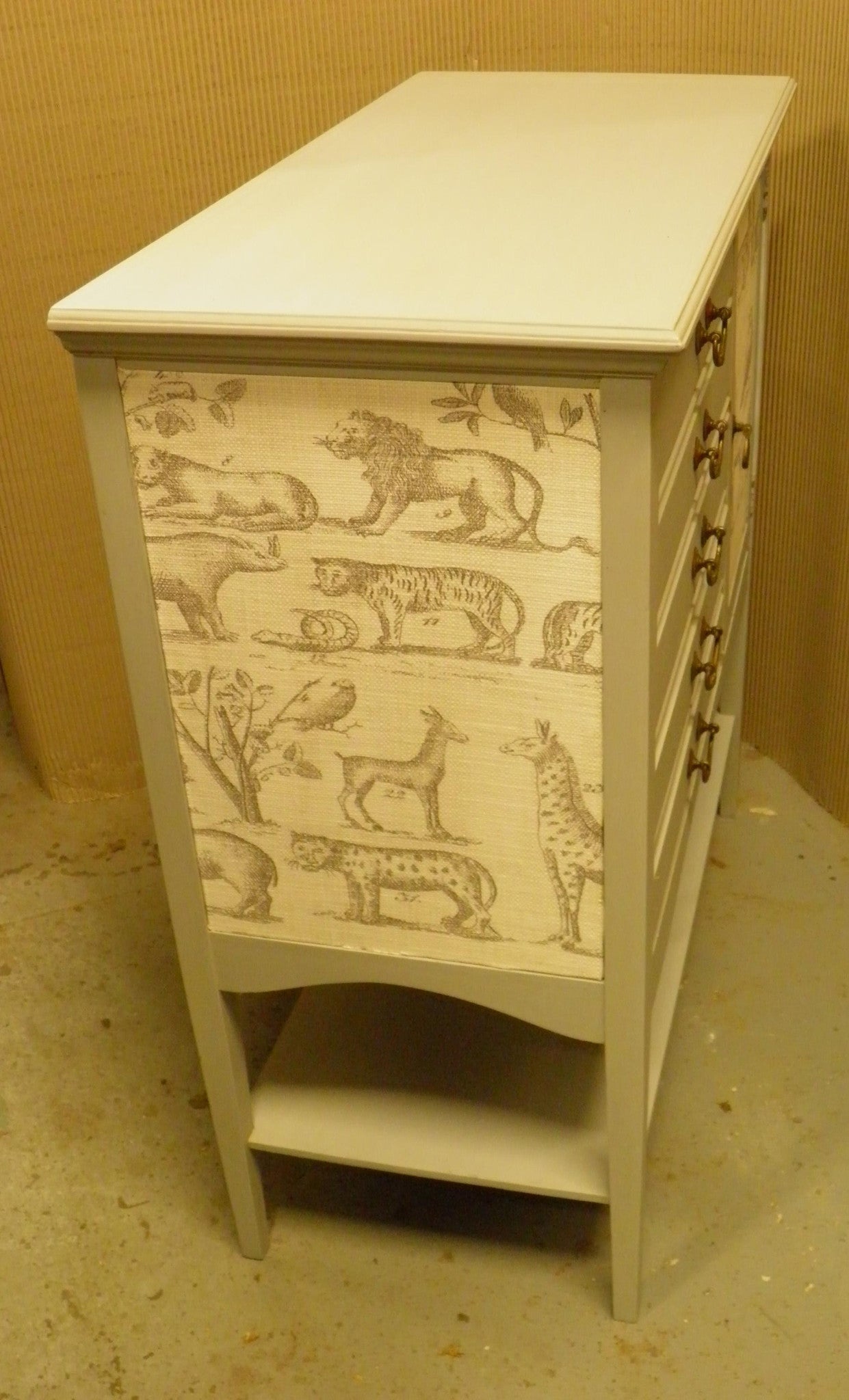 Pretty Vintage Hand Painted & 'Andrew Martin' Linen Fabric Music Cabinet
