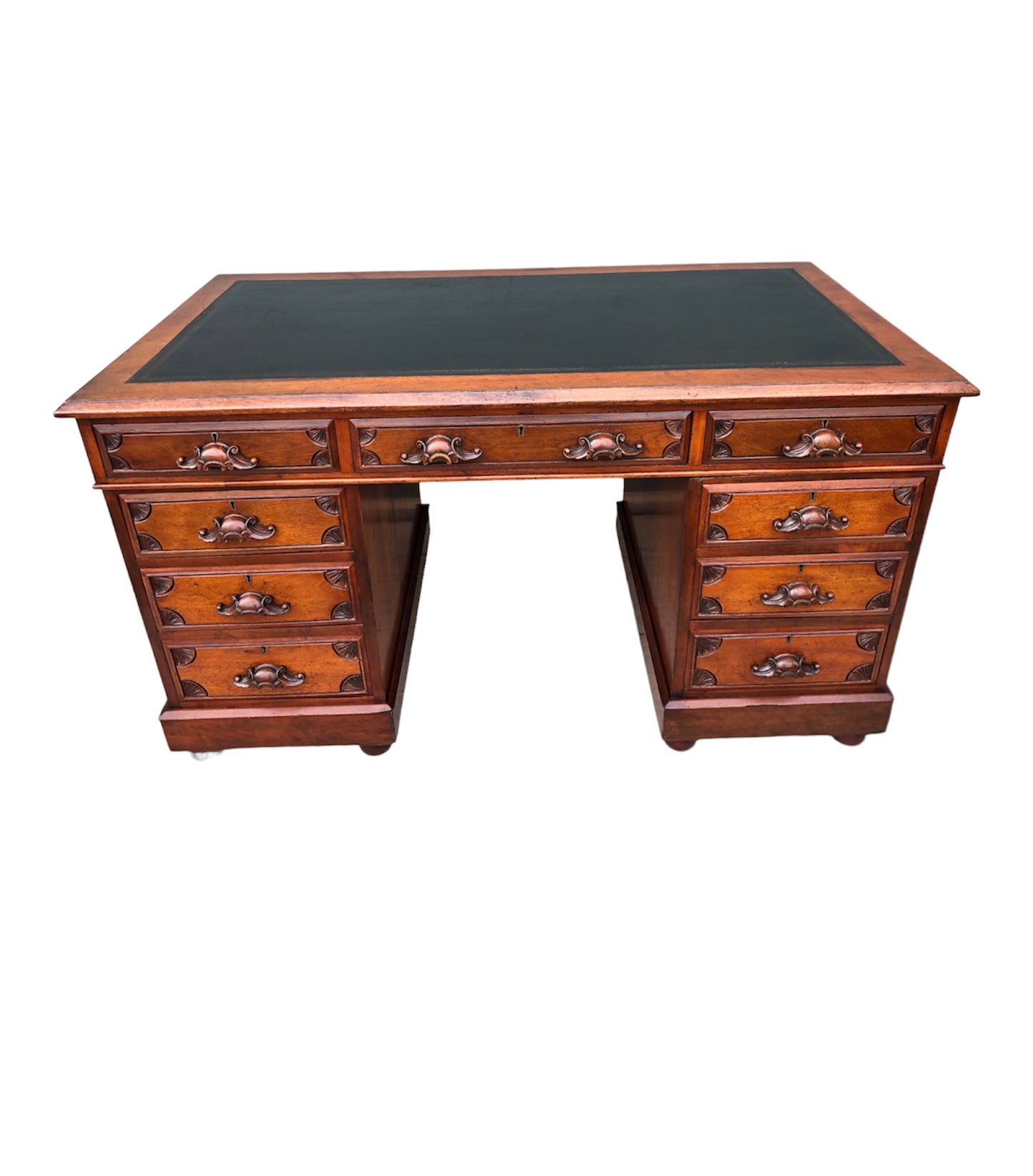 000904....Handsome Antique Carved Mahogany Pedestal Desk ( sold )