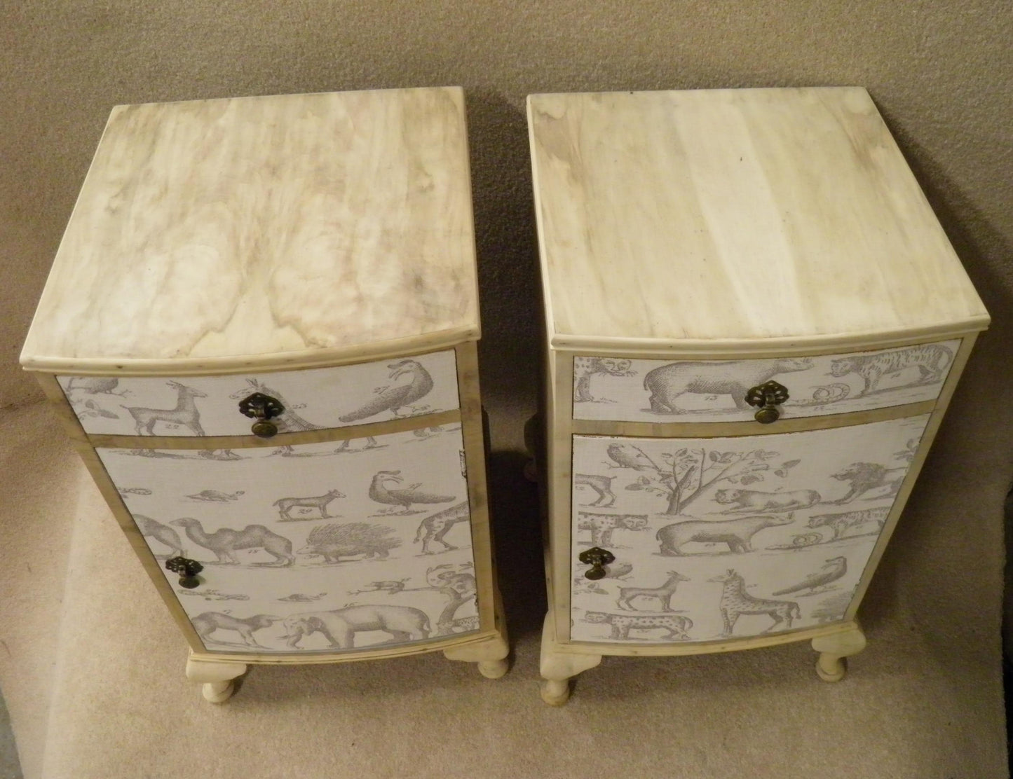 Lovely Matched Pair Of Bleached Walnut and Andrew Martin Fabric Bedside Cabinets