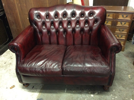 Gorgeous Hand Dyed Vintage Thomas Lloyd 2 Seat Oxblood Leather Chesterfield Sofa