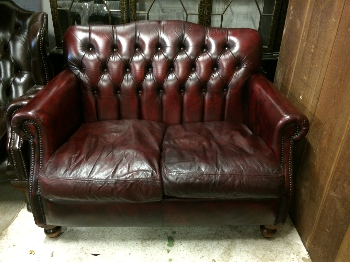 Gorgeous Hand Dyed Vintage Thomas Lloyd 2 Seat Oxblood Leather Chesterfield Sofa