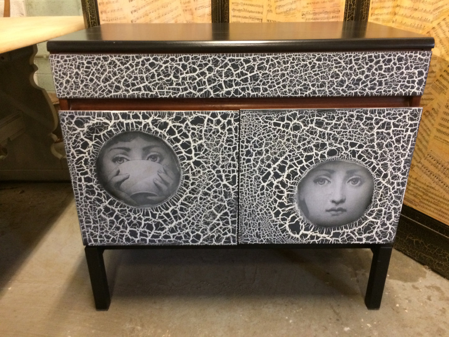 Fun Upcycled Retro Bijou Cabinet / Sideboard "Fornasetti" Style Decoupage