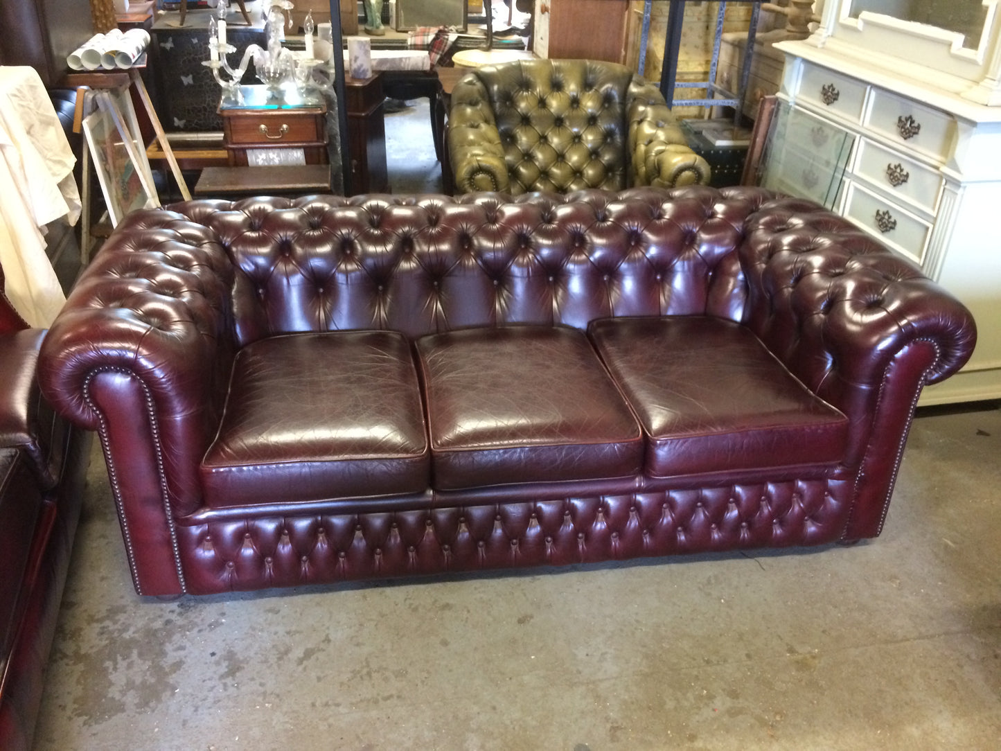 Beautiful Quality Hand Dyed Burgundy Vintage Leather Chesterfield 3 Seat Sofa