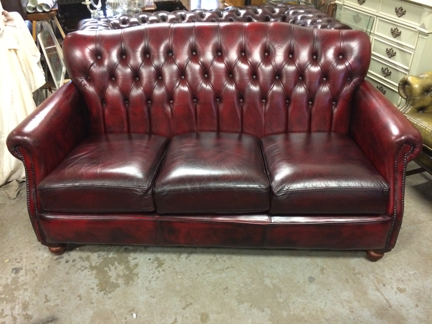 Quality 1980's Vintage Hand Dyed Oxblood Leather Chesterfield 3 seater Sofa