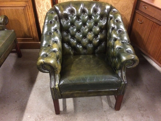 Vintage 1970'S Wade Hand Dyed "Antique" Green Leather Chesterfield Library Chair