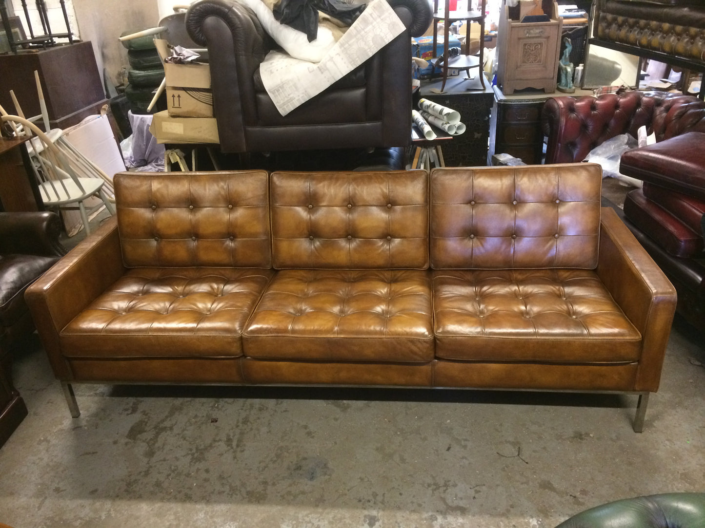 Gorgeous Contemporary Hand Dyed Tan Leather Florence Knoll Retro Style Sofa
