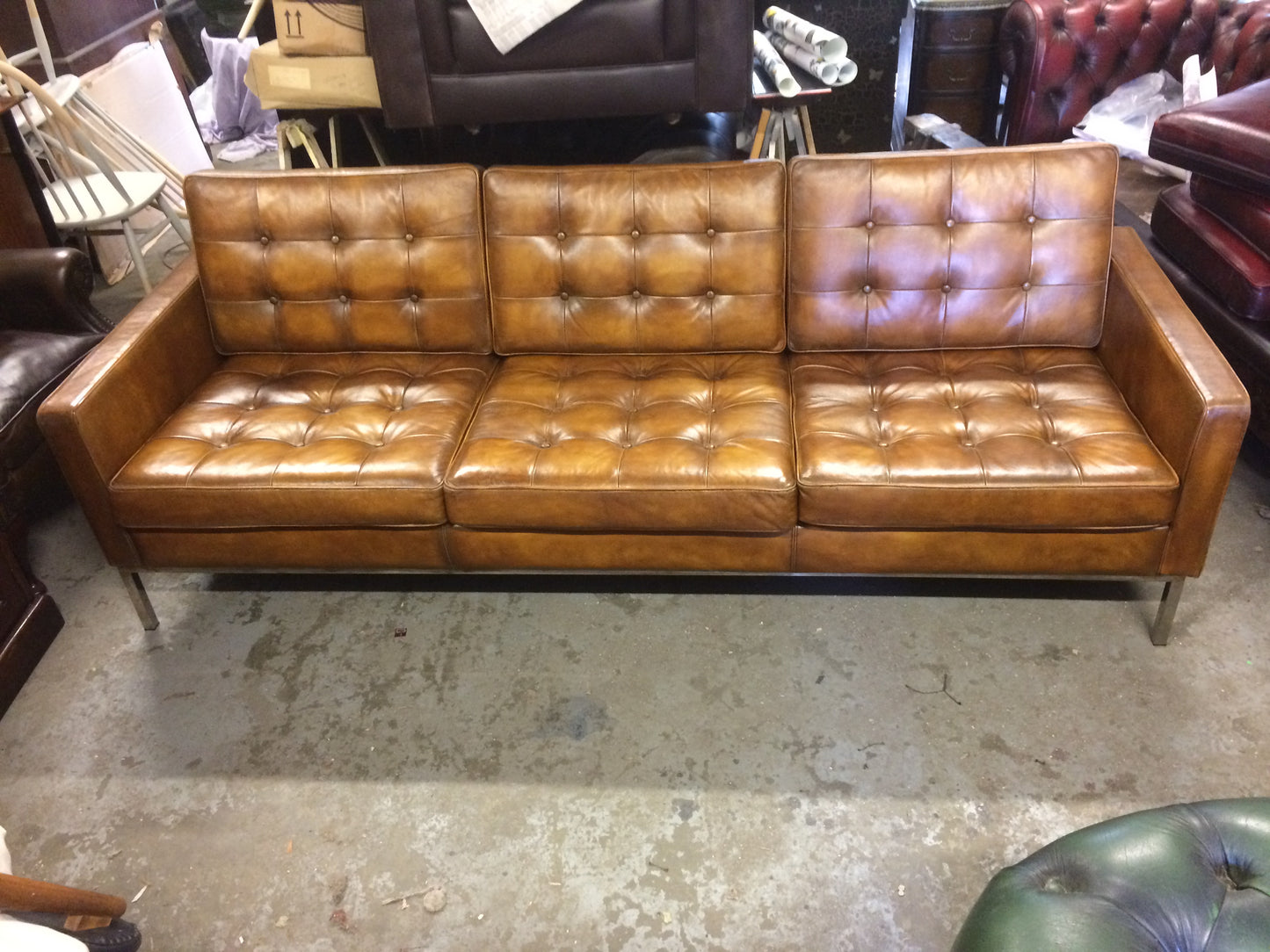Gorgeous Contemporary Hand Dyed Tan Leather Florence Knoll Retro Style Sofa