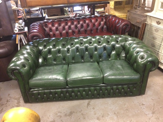 Antique Bottle Green Hand Dyed 1980'S Vintage Leather Chesterfield 3 Seat Sofa