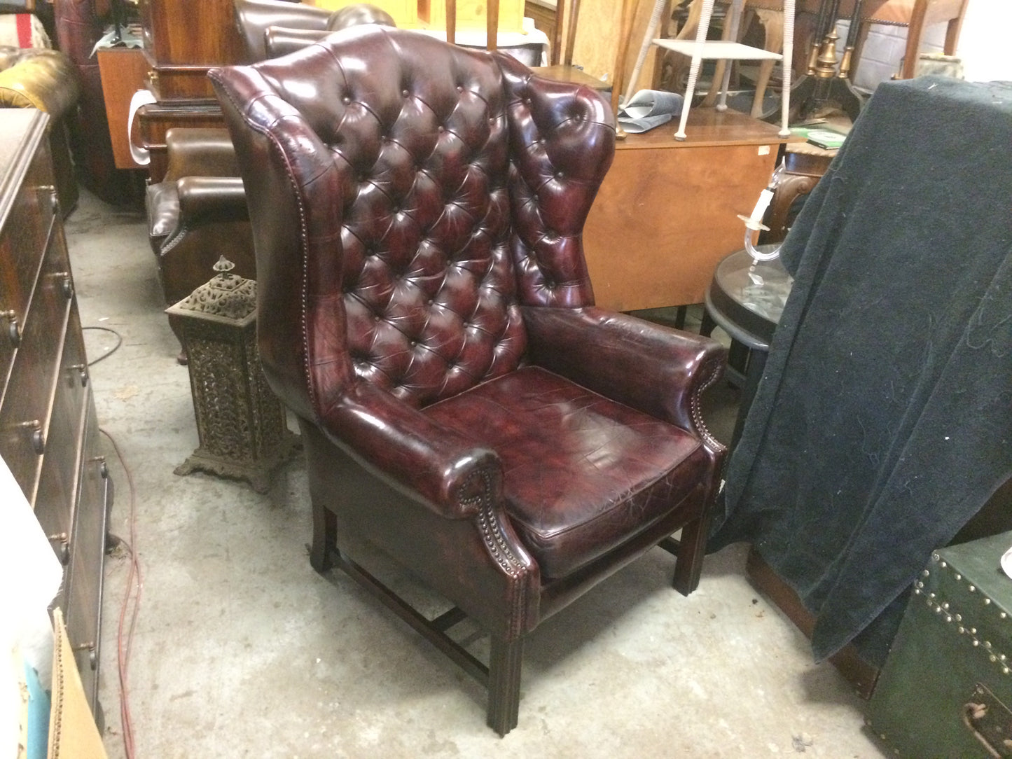 Beautiful Vintage Hand Dyed Dark Red Leather Chesterfield Wing Back Armchair