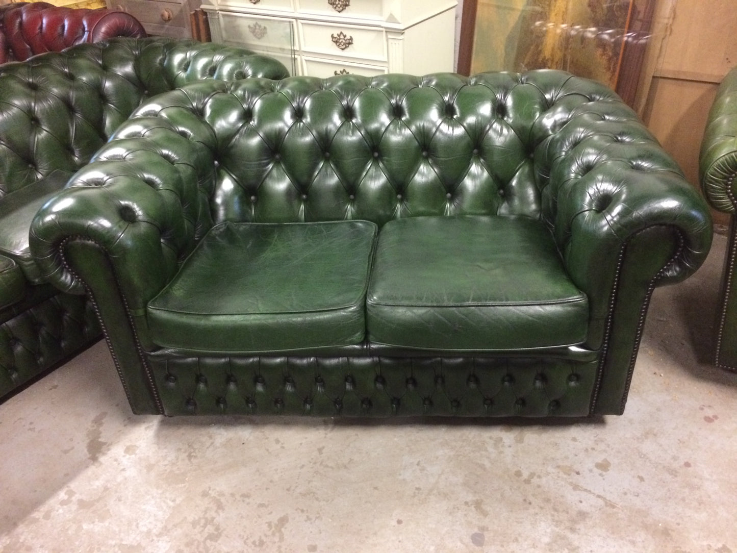 Antique Bottle Green Hand Dyed 1980'S Vintage Leather Chesterfield 2 Seat Sofa