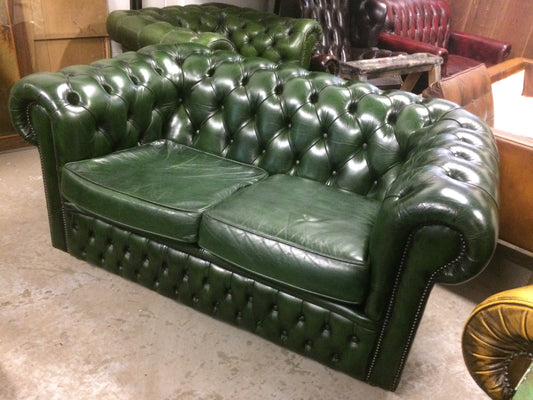 Antique Bottle Green Hand Dyed 1980'S Vintage Leather Chesterfield 2 Seat Sofa