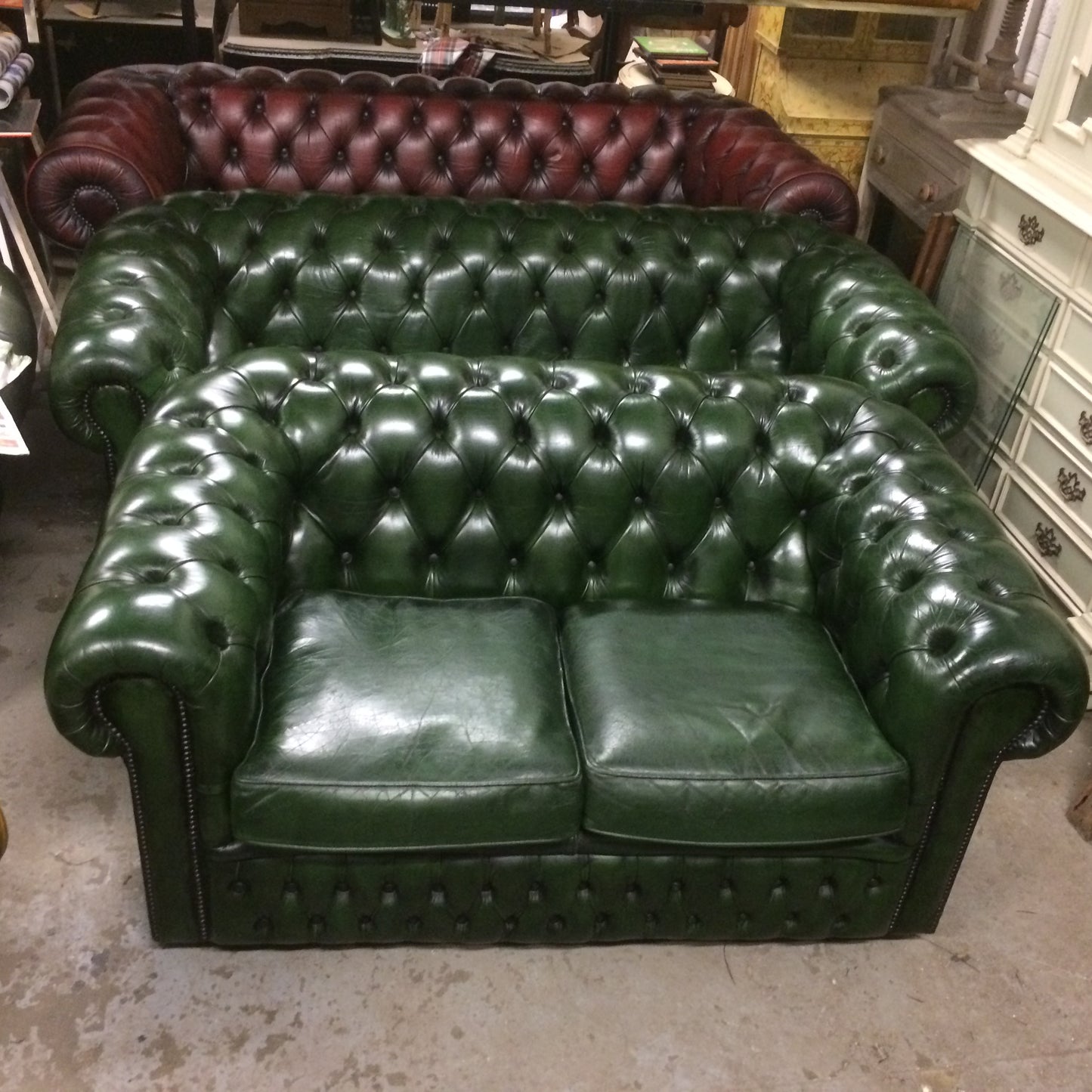 Antique Bottle Green Hand Dyed 1980'S Vintage Leather Chesterfield 2 Seat Sofa