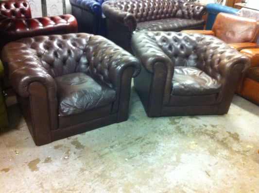 Lovely Pair 20th.C Vintage Brown Leather Deep Buttoned Chesterfield Club Chairs SOLD