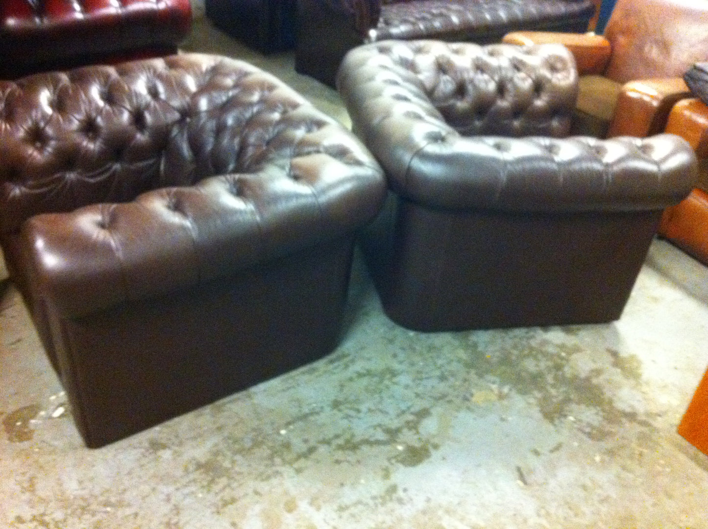 Lovely Pair 20th.C Vintage Brown Leather Deep Buttoned Chesterfield Club Chairs