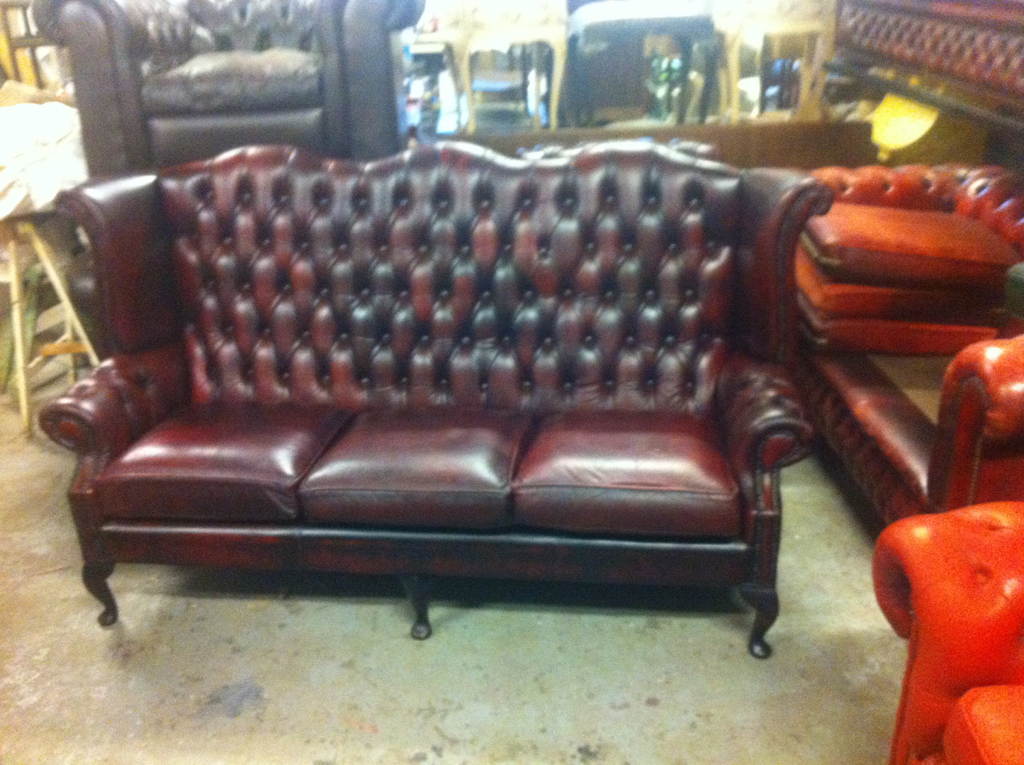 Lovely Oxblood Red Vintage Leather "Queen Anne" style 3 seat sofa / settee