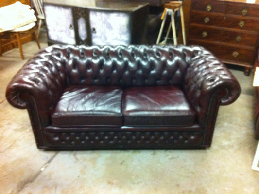 Vintage 20th. Century Hand Dyed Dark Ruddy Brown Leather Chesterfield Sofa + Brass Boot