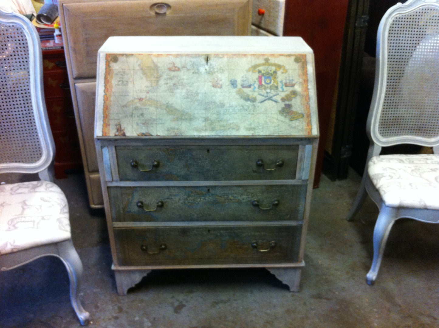 Decorative Antique Decoupage Bleached & Painted "Drift Wood" Fall Flap Desk