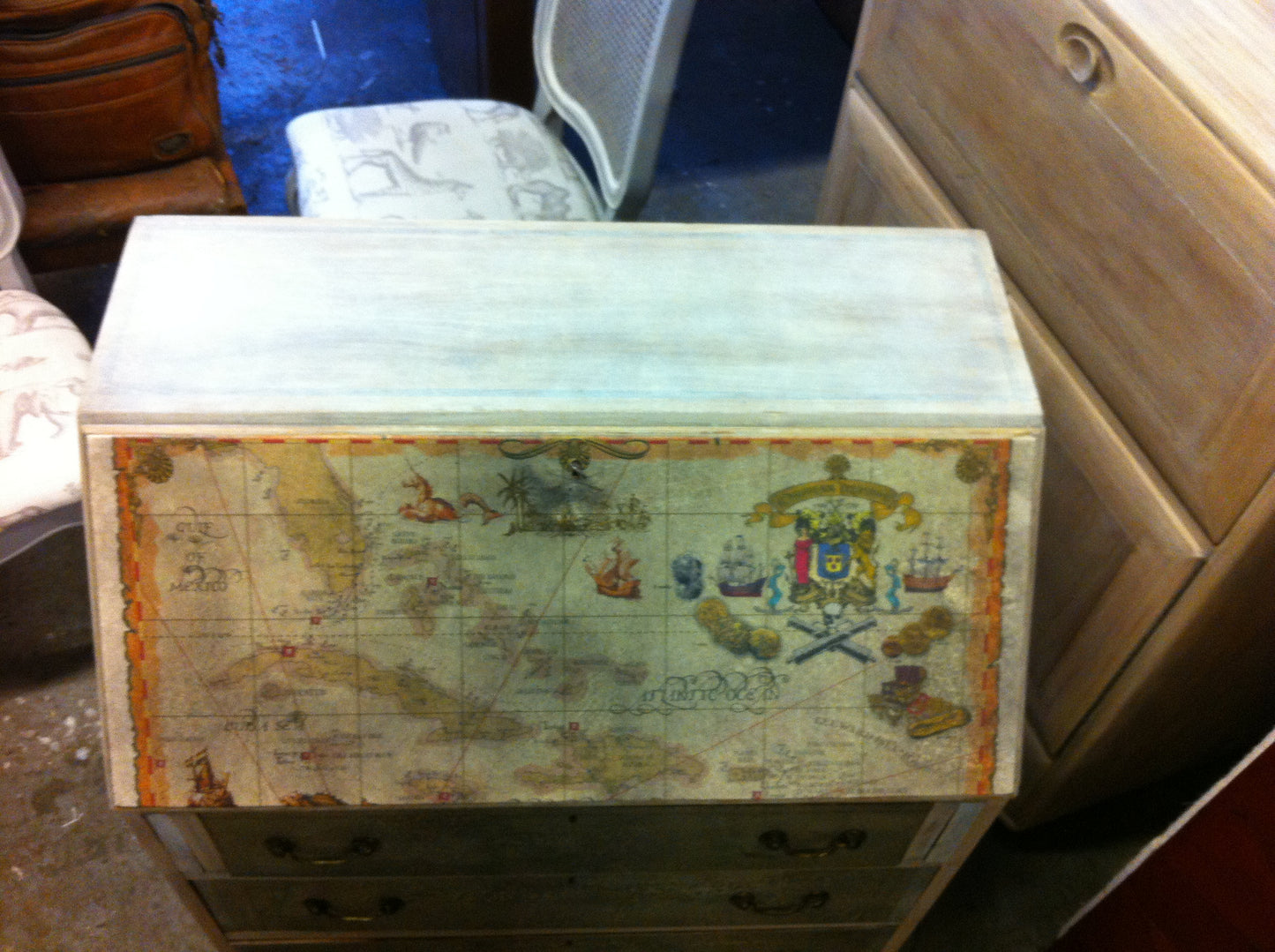 Decorative Antique Decoupage Bleached & Painted "Drift Wood" Fall Flap Desk