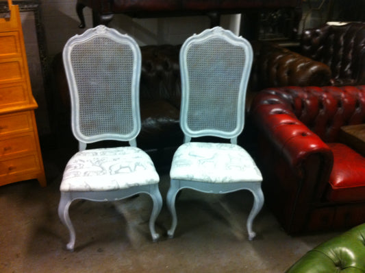 Pair Vintage French Style Grey Painted Caned High Back Side Chairs