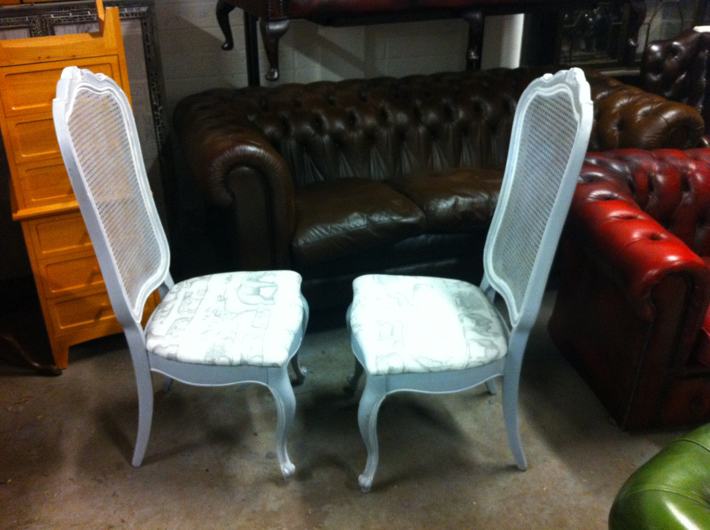 Pair Vintage French Style Grey Painted Caned High Back Side Chairs