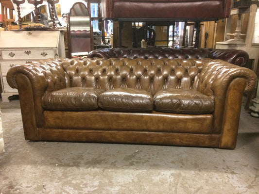 Vintage 70's Hand Dyed Tan / Light Brown Tetrad Leather Chesterfield 3 Seat Sofa SOLD
