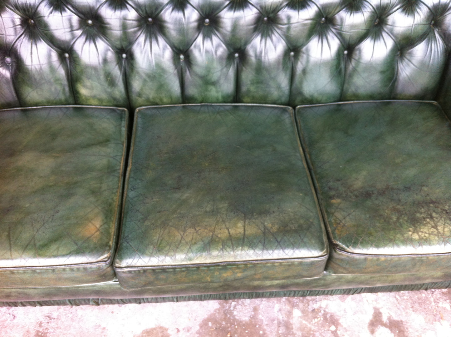 Vintage Wade "Antique" Green Hand Dyed Leather Chesterfield Sofa Circa.1970