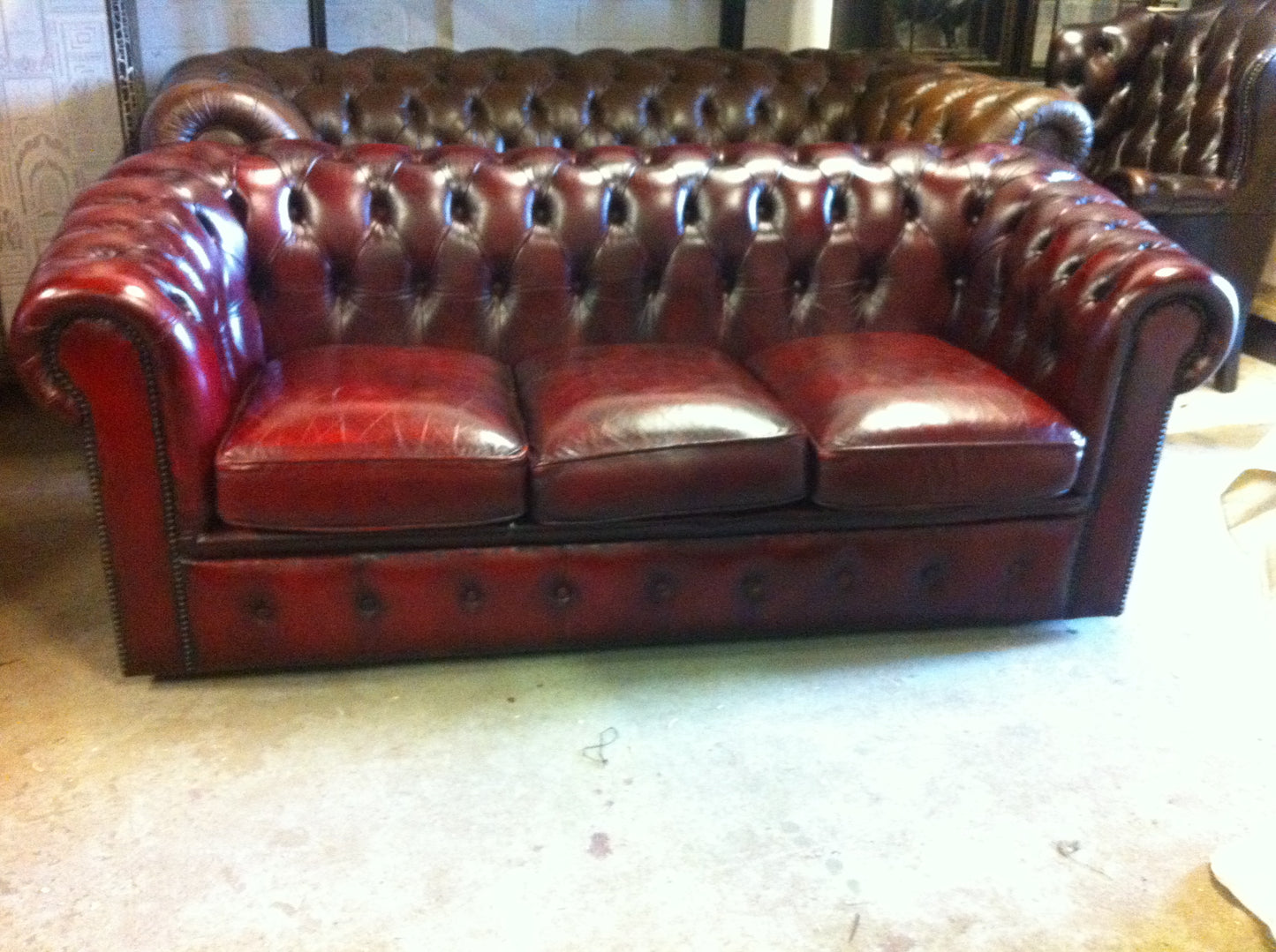Lovely Late 20th century Vintage Hand Dyed Oxblood Leather Chesterfield Sofa