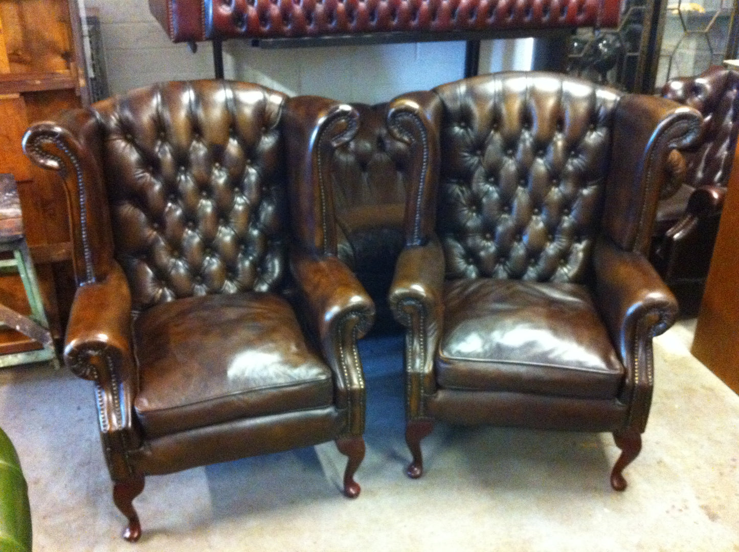 Gorgeous Pair Thomas Lloyd Hand Dyed "Antique" Brown Leather Chesterfield Chairs SOLD